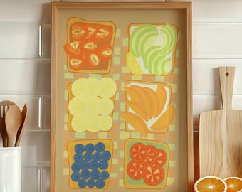 Lámina artística "Seis tostadas", lámina colorida para desayuno en la cocina (descarga digital)