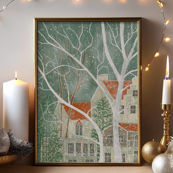 Winter Stadt Kunstdruck, Urlaub Wohnkultur (Digitaler Download)