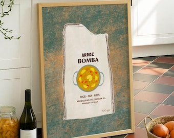 Paella Rice Art Print, Spanish Food Illustration, Arroz Bomba Kitchen Wall Art (Digital Download)