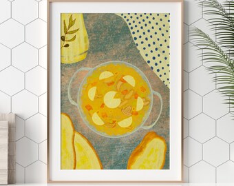 Paella, Illustrazione di cibo spagnolo autentico, Arte murale stampabile