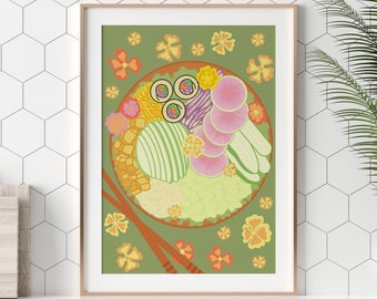 Sushi Bowl Illustration, Oriental Food Print, Giclée Fine Art Print