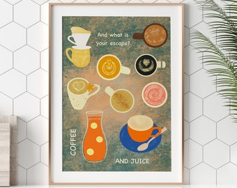 Ilustración de café y jugo, impresión de cocina divertida para amantes del café y jugo