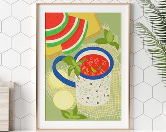 Hygge Print, Scandi Folk Art, Watermelon Soup Illustration,  Giclée Fine Art Print