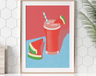 Watermelon Cocktail Illustration, Vintage Cocktail Print, Giclée Fine Art Print