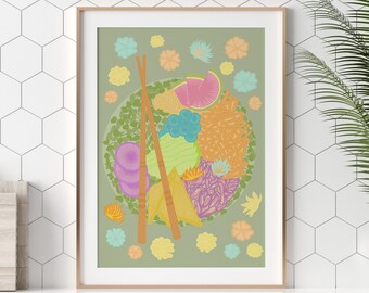 Ilustración de Poke Bowl, Impresión de comida oriental, Giclée Fine Art Print