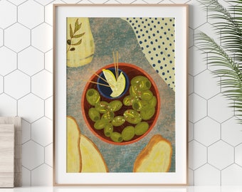 Aceitunas verdes, auténtica ilustración de comida española, arte mural imprimible