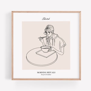 Illustration  of an Asian Girl Eating Soup, Printable Wall Art, Female Illustration Print