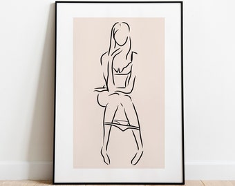 Girl Using a Bathroom, Minimal Line Print