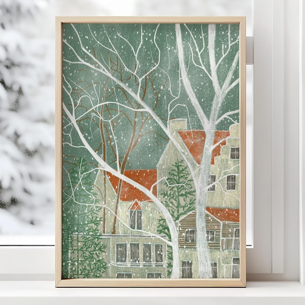 Winter Stadt Giclée Kunstdruck, Weihnachten Holiday Home Decor