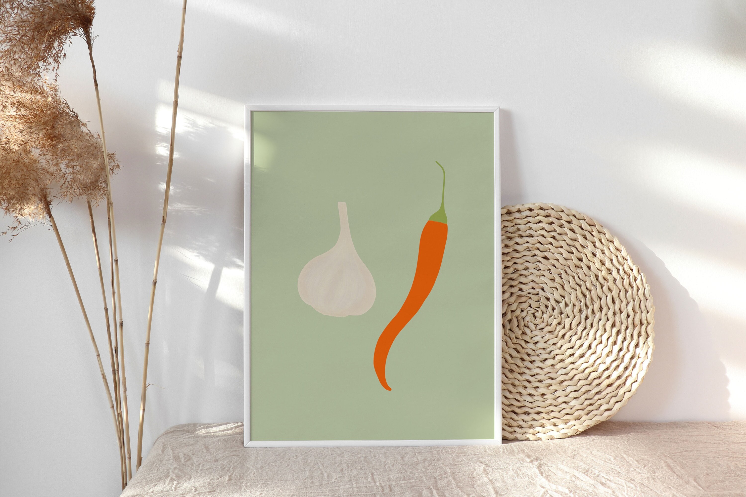 Chili and Garlic Illustration, Colorful Kitchen Print, Printable Wall Art
