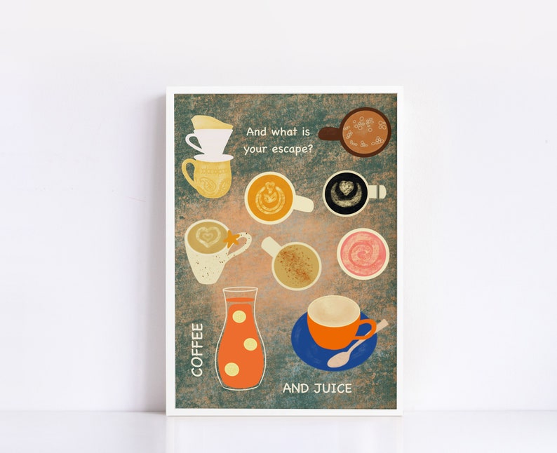 Coffee and Juice Illustration, Fun Kitchen Print for Coffee and Juice Lovers image 3