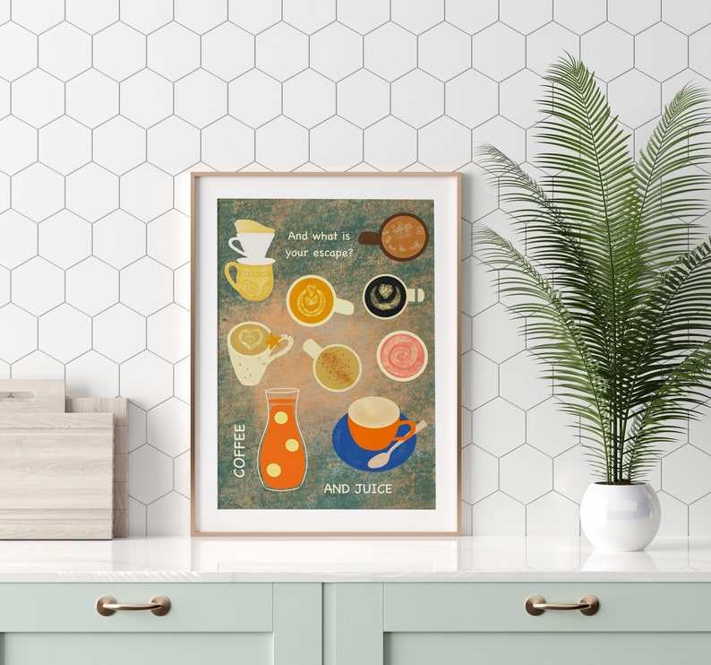 Coffee and Juice Illustration, Fun Kitchen Print for Coffee and Juice Lovers image 1