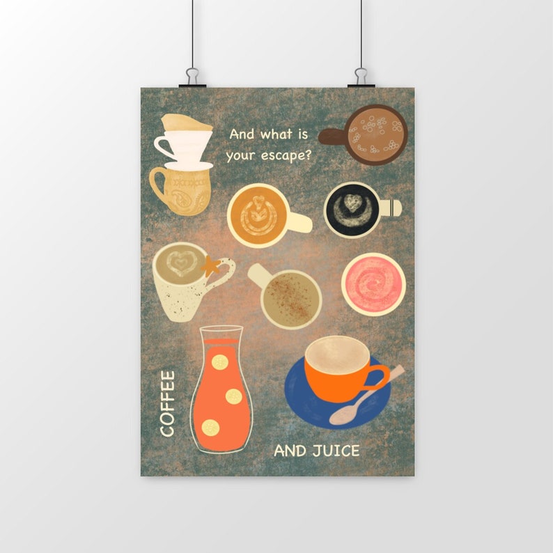 Coffee and Juice Illustration, Fun Kitchen Print for Coffee and Juice Lovers image 8