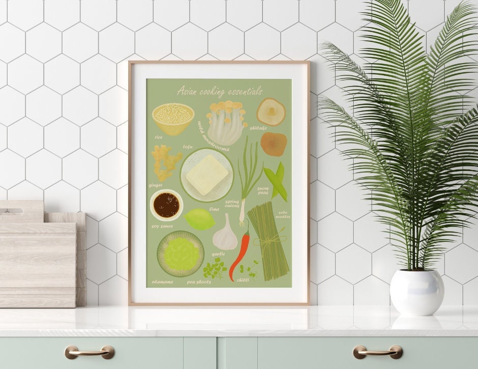 Asian Cooking Essentials Illustration, Colorful Kitchen Print