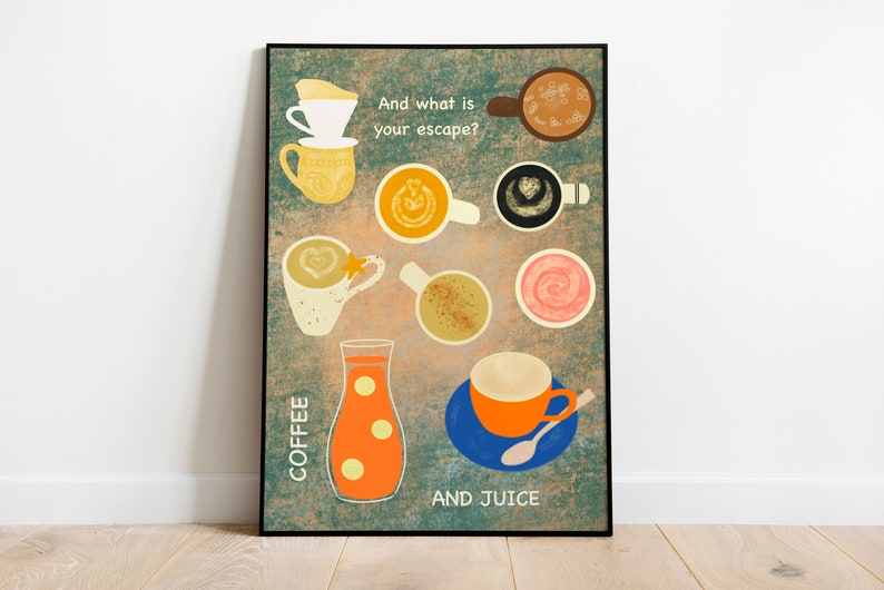 Coffee and Juice Illustration, Fun Kitchen Print for Coffee and Juice Lovers image 2