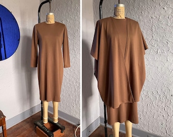 Vintage Minimalist Long Sleeve Dress with Matching Shawl / Terracotta Brown Monochrome Modest Cocktail Dress Ensemble / 80s Tan Sheath Dress