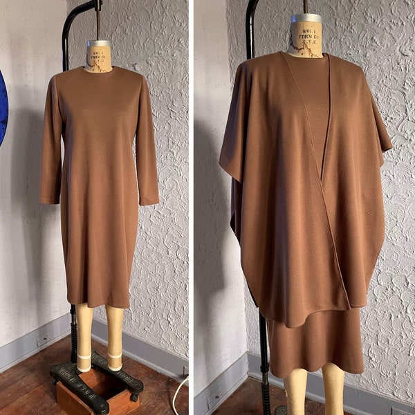 Vintage Minimalist Long Sleeve Dress with Matching Shawl / Terracotta Brown Monochrome Modest Cocktail Dress Ensemble / 80s Tan Sheath Dress