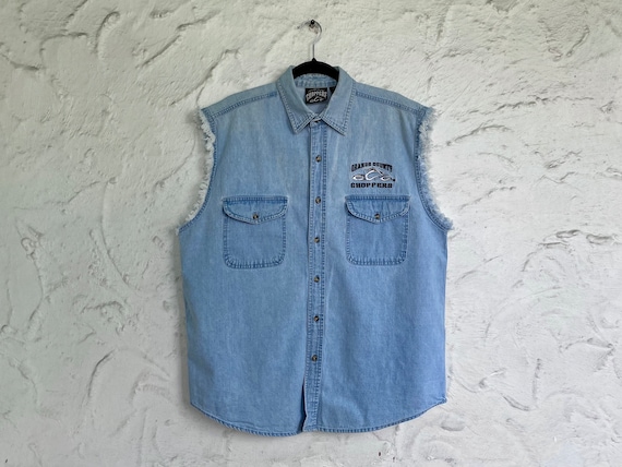 Vintage Biker Cut Off Denim Shirt / 90s Motorcycl… - image 2