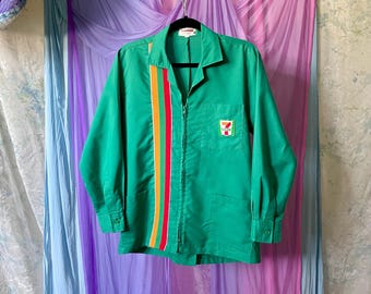 vintage 7-Eleven uniform jacket M / Japanese workwear uniform top / full zip up chore jacket with pockets / retro stripe Harrington jacket
