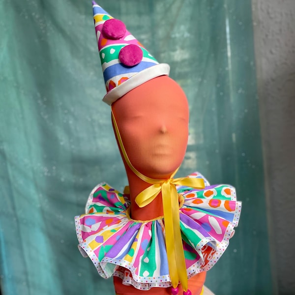 colorful clown hat & collar set / handmade clown costume accessories / birthday party hat / multicolor jester hat and neck ruffle collar