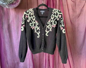 vintage black floral cropped cardigan M / 1980s Cottagecore sweater / 1990s chunky knit cardigan / grannycore embroidered cardigan sweater
