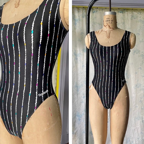 90s Reebok High Cut One Piece Swimsuit / 1990s Sporty Logo Bathing Suit / Vintage Black & White Print Maillot / 80s Workout Aerobics Leotard