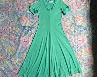 80s 90s Turquoise Short Sleeve Midi Dress / Cotton Jersey Knit Dress / 1980s Vintage Dress / Talbots Dress / Scoop Neck / Stretchy / Medium