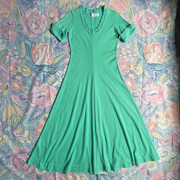 80s 90s Turquoise Short Sleeve Midi Dress / Cotton Jersey Knit Dress / 1980s Vintage Dress / Talbots Dress / Scoop Neck / Stretchy / Medium