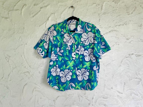 80s Esprit Neon Hawaiian Shirt / Boxy Cotton Aloh… - image 1