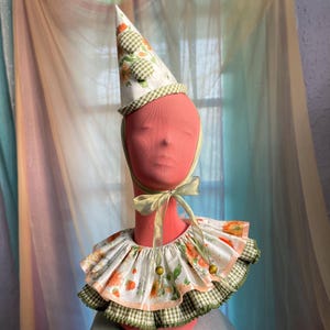 floral clown hat and collar set / handmade green gingham & orange flower print party hat and ruffle collar /  vintage fabric / clown collar