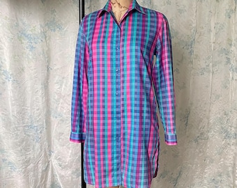 Vintage Gottex Colorful Shirtdress w/ Pockets Medium / 80s Jewel Tone Checker Print Button Up / 90s Pink & Blue Windowpane Plaid Shirt Dress