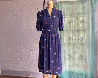 70s does 40s Navy Blue Viscose Faux Wrap Dress by French Designer Claude Sylgere / 1970s Abstract Geometric Floral Surplice Dress w Pockets