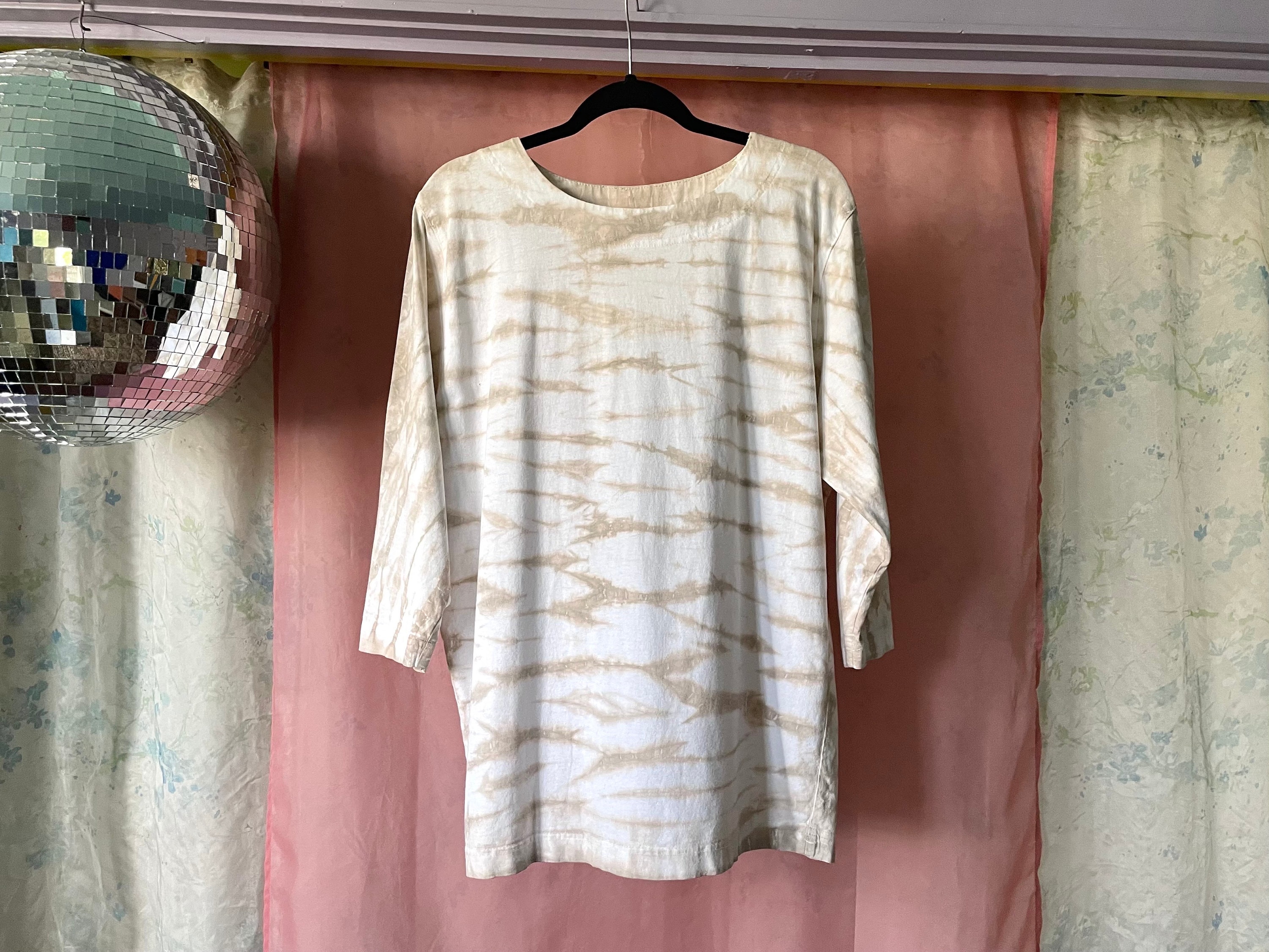 Vintage Beige Tie Dye Cotton Three Quarter Sleeve Top / 90s 