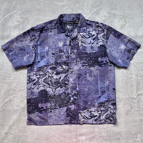 90s Graffiti AOP Club Shirt / Y2K Cyber Punk Short Sleeve Button Up / 1990s Abstract Urban Collage Print Shirt / Vintage No Boundaries Skate