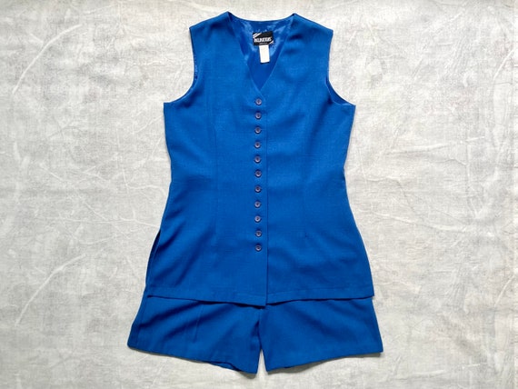 90s Minimalist Blue Romper with Pockets size Large / Vintage Monochrome Sleeveless Summer Suit Outfit / 1990s Longline Vest Shorts Jumpsuit