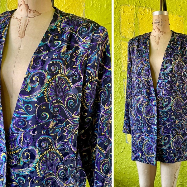 80s Baroque Colorful Silky Blazer / 1980s Oversize Blazer / Vintage Paisley Jacket / Blue Purple Funky Pattern Blazer / Long Boxy Slouchy