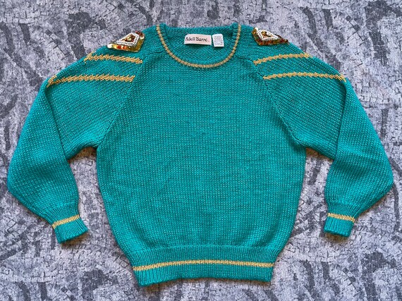 80s Metallic Turquoise Embellished Sweater / 1980… - image 2