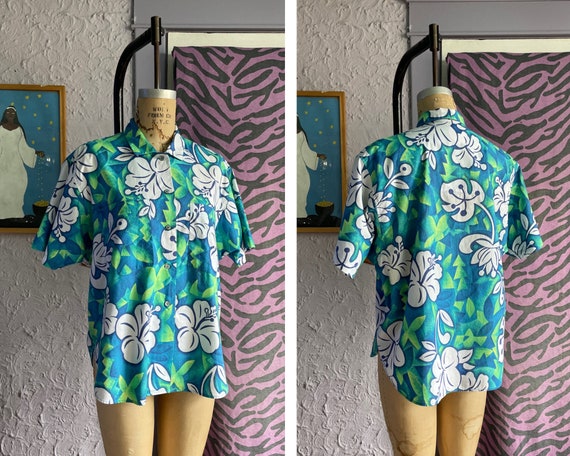 80s Esprit Neon Hawaiian Shirt / Boxy Cotton Aloh… - image 2