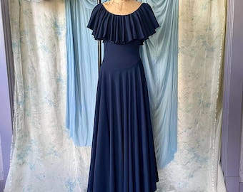 1970s navy blue maxi dress with capelet S/M / Ursula of Switzerland / vintage 70s gown with full circle skirt / flounce ruffle collar