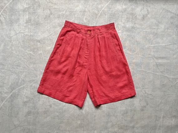 80s Baggy Pleat Front Linen Shorts 27 Waist / Vin… - image 1