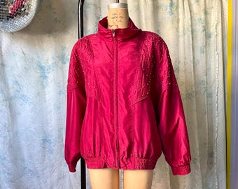vintage red silk windbreaker XL/1X / 1980s silk bomber jacket / funnel neck blouson jacket / 1990s embellished windbreaker / warmup jacket