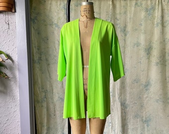 60s Neon Green Nylon Swim Cover Up / Vintage Lime Kimono Jacket / 1960s Sears Beach Robe / 70s Day Glo Festival Cardigan / 1970s Acid Green