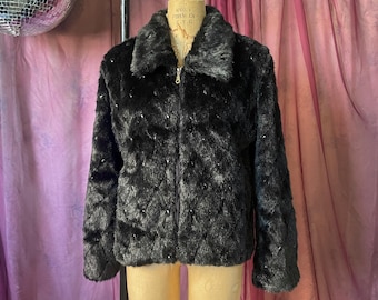 vintage black faux fur bomber jacket with sparkly jewels L / 1990s mob wife coat / cropped fur coat with pockets / 2000s quilted teddy coat