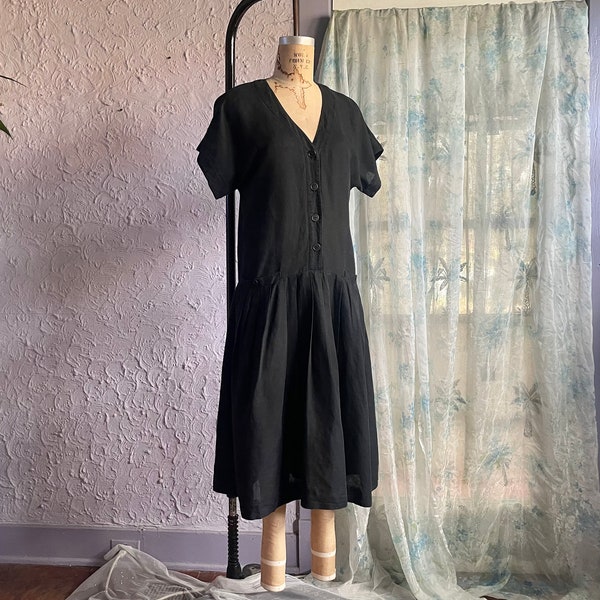 80s Minimalist Black Linen Midi Dress / 1980s Short Sleeve Drop Waist Dress / Vintage Market Dress with Pockets / 90s Casual Day Dress Small