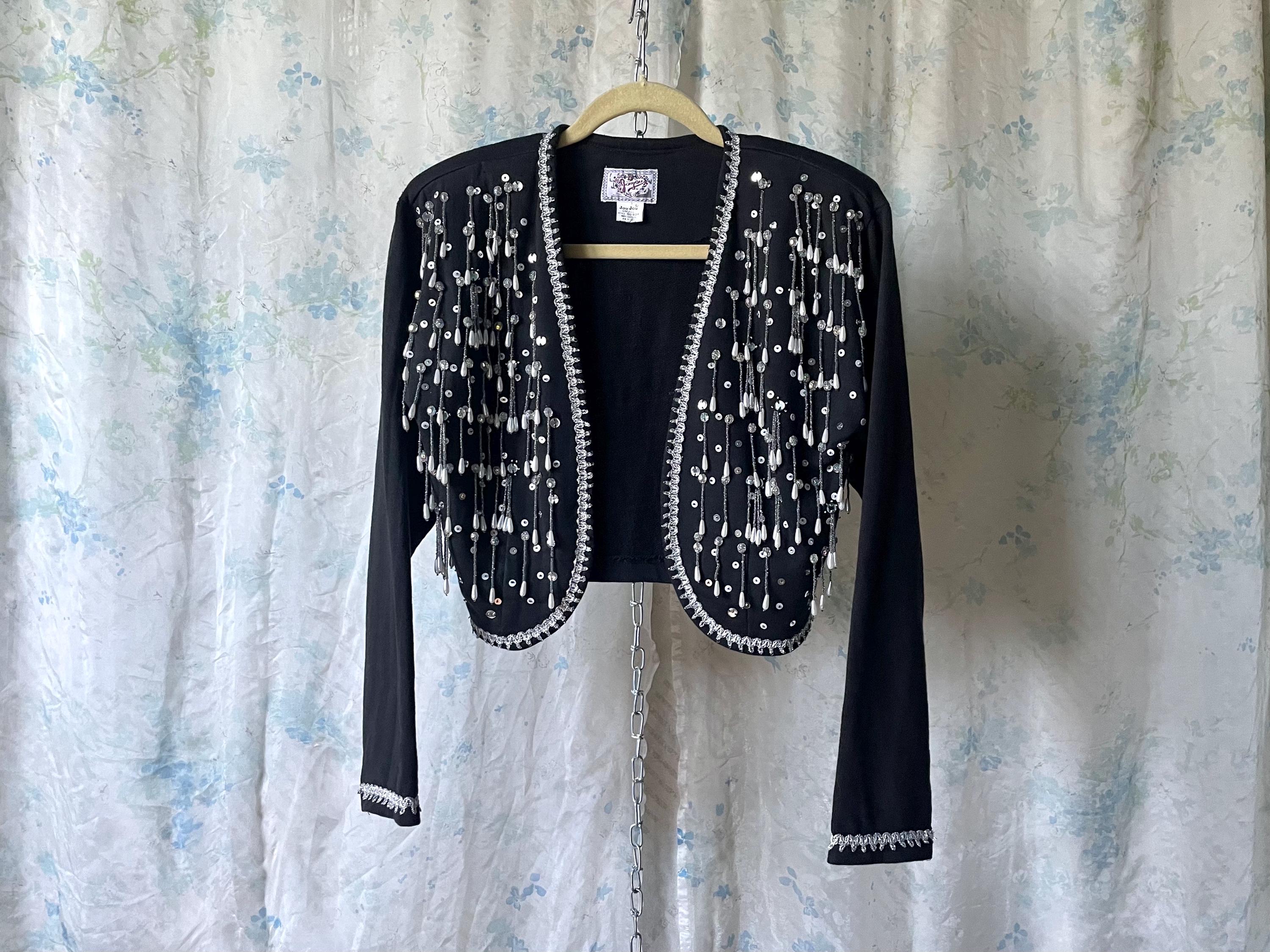 80s Black & Silver Bead Fringe Bolero / Vintage Metallic