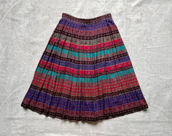 Pleated Rayon Midi Skirt / 80s Pattern Skirt / Funky Southwestern Print Skirt / Multicolor Stripe Skirt / Vintage Accordion Pleat / 28 Waist