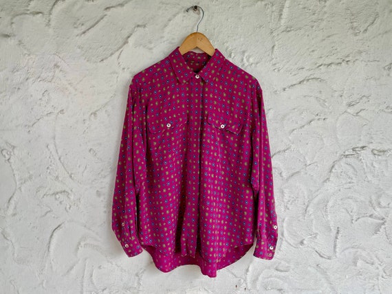 90s Fuchsia Long Sleeve Button Up / Pink Paisley … - image 1