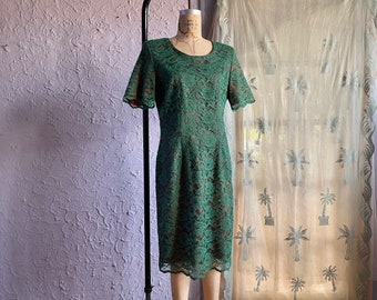 90s Dark Green Lace Cocktail Dress / Vintage Short Sleeve Sheath Dress / 1990s Goth Grunge Forest Green Wiggle Dress / Large / My Michelle