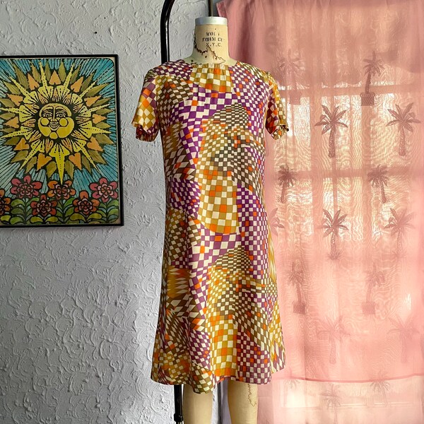 60s Psychedelic Op Art Gogo Dress / 1960s Mod Geometric Mini Dress / Vintage Trippy Short Sleeve Shift Dress Medium / Colorful Groovy Dress