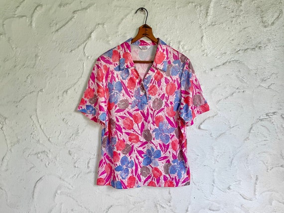 80s Abstract Short Sleeve Blouse / 1980s Floral W… - image 1